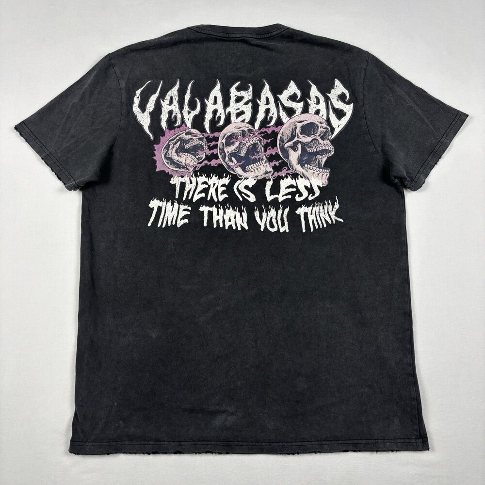 Valabasas Vintage Skull Graphic Tee Mens Large Black Distressed “Less Time” Y2K